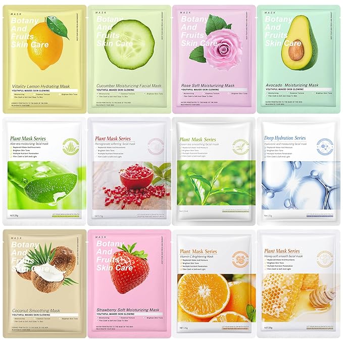 12 Pack Face Masks Skincare Sheet Face Masks for Teens Girls Women, Hydrating Face Mask, Face Mask Set SPA Party Gifts for Teens Girls Kids, Mothers Day Gifts, Perfect for Pamper & Sleepover Party