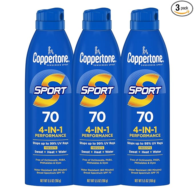 Coppertone SPORT Sunscreen Spray SPF 70, Water Resistant Sunscreen, Broad Spectrum SPF 70 Sunscreen, Bulk Sunscreen Pack, 5.5 Oz Spray, Pack of 3