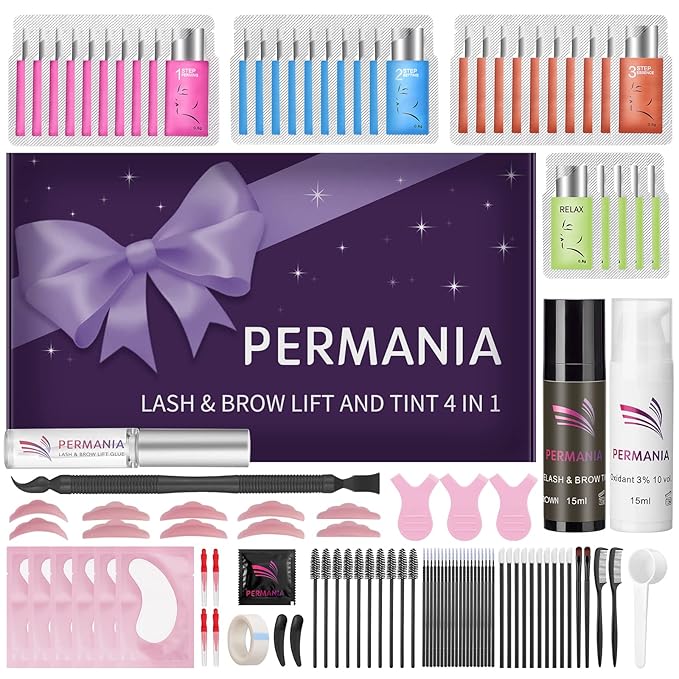 PERMANIA Brow Lamination with Brown Color Kit, Lash Lift & Eyebrow 4 IN 1 Brown Coloring Make Eyelash Perm Voluminous and Curl for Salon & Home Lasts up to 6 Weeks (Brown)