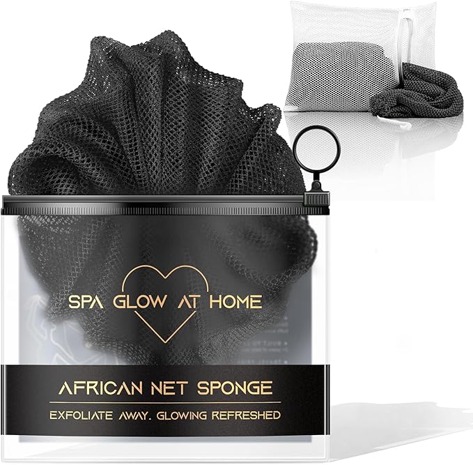 African Net Sponge - Deep Exfoliating Body Scrubber - Ultra Long African Net Sponge Reaches All Back Areas, Gently Buffs Away Dry Flaky Skin for a Renewed Feel, Home Spa Experience（Black）