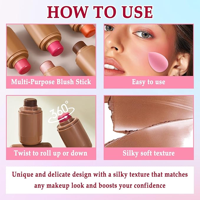 3 Colors Blush Stick with Makeup Sponges,Matte Solid Cream Blush,Multi-Use Blush Stick for Cheeks,Lips and Eye,High Pigmented Makeup Sticks Set A4