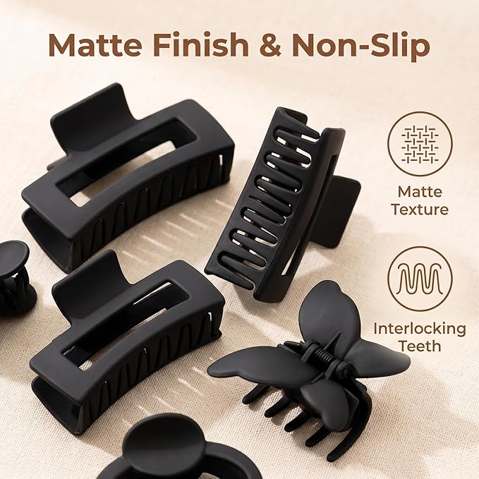 6 Pack Matte Non-Slip Hair Accessories - Claw Clips in Black for Thin and Thick Hair, Ranging from 1.85-4.5 Inches, Featuring Flower, Banana, and Butterfly Designs for Women and Girls