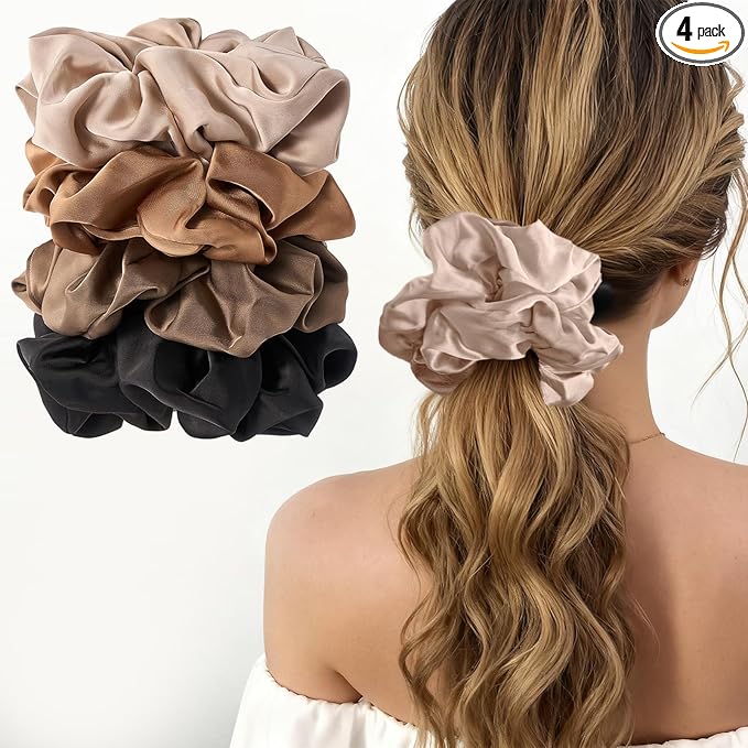 Lolalet Big Satin Scrunchies for Women, 5.9 Inch Large Oversized Scrunchie, Soft Jumbo/Giant Scrunchies Hair Ties for Thick & Curly Hair -4 Pack, Almond/Khaki/Black/Brown
