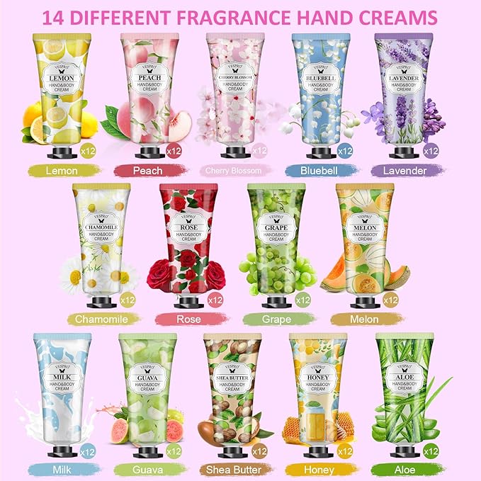 VESPRO 168 Pack Hand Cream Set for Women, Hand Lotion for Mothers Day Gifts, Bridesmaid Gifts, Thank You Gifts, Birthday Gifts, Party Favors, Hand Lotion Travel Size for Dry Cracked Hands