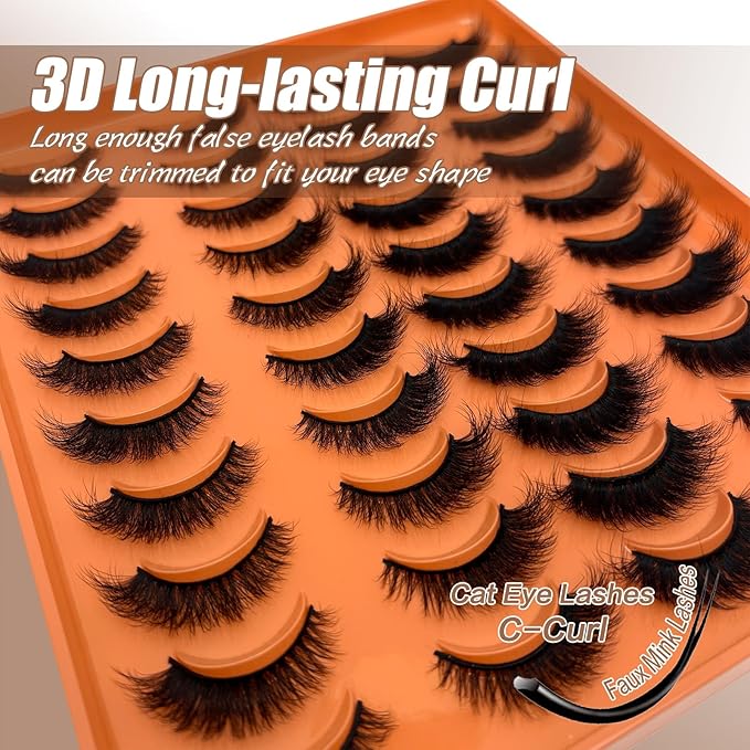 Mink Lashes Cat Eye 3D Faux Mink Fluffy Eyelashes 18mm Dramatic Volume Fake Cat Eyelashes Full Strips Lash C Curl False Lashes Strips Mink Lash Pack 20 Pairs 2 Styles Mixed YH312