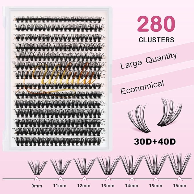 Uilulu Lash Clusters Individual Lashes D Curl 30+40D 0.07D 9-16 MIX 280 Clusters Lashes DIY Lash Extensions at Home False Lashes Wispy Eye Lash Clusters