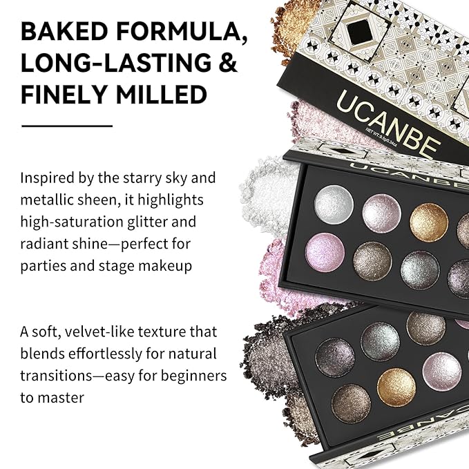 UCANBE Shimmer Metallic Eyeshadow Palette Set, Baked Eye shadow, High Pigment Makeup Palette, Soft Blendable for Party and Stage Makeup (03 All Metallic)