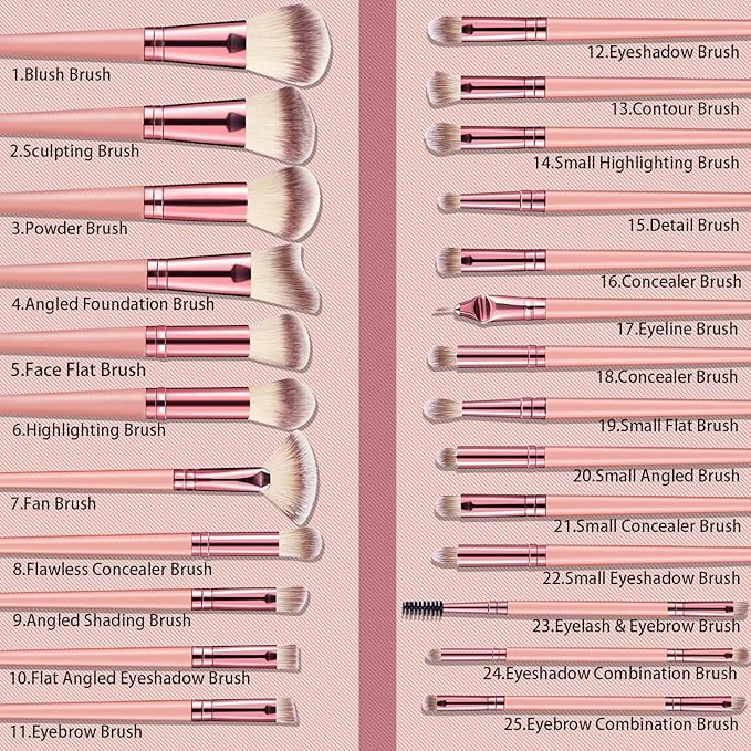 32Pcs Makeup Brushes Set Professional Makeup Kit – Foundation Powder Concealers Blush Eye shadows 25 Pcs Brushes with 4 Makeup Sponge & 3 Powder Puff (Pink)