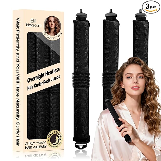 Overnight Heatless Hair Curler Satin Jumbo Flexi Overnight Curls Blowout Rods 3pcs No-Heat Styling Tools Curling Rod To Sleep In for All Hair Types - Black