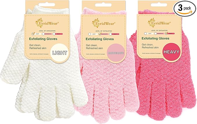 Evridwear Exfoliating Glove Shower Gloves Exfoliate Dead Skin for Dry Sensitive Skin No Irritation with Hanging Loop (3 Exfoliation Level Mixed- 3 Pairs)