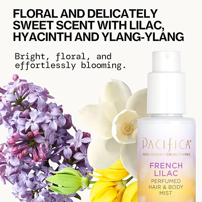 Pacifica French Lilac Hair & Body Mist – Clean Vegan Floral Hair Perfume Spray for Women, Fresh-Cut Lilac, Magnolia & Heliotrope Notes, Alcohol-Free Head-to-Toe Fragrance, Cruelty-Free, 6 Fl Oz