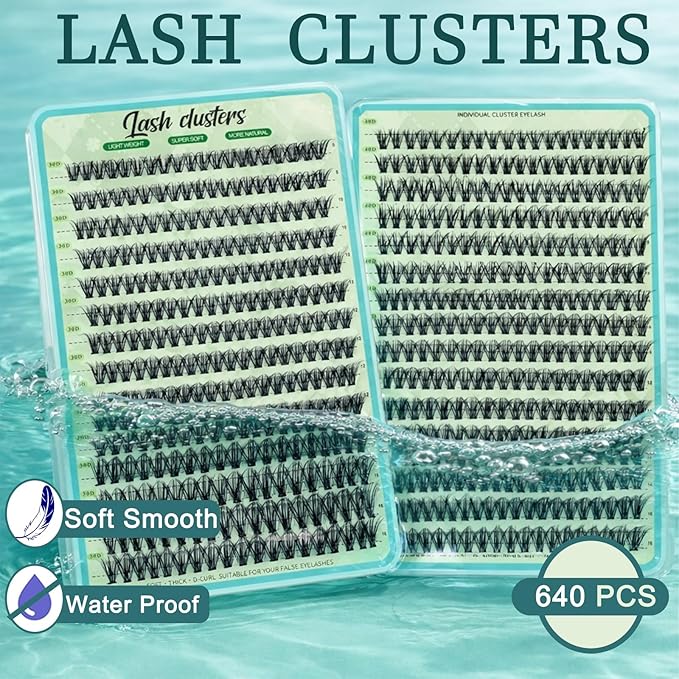 Wispy Lash Clusters 640pcs Eyelash Cluster Extensions 30D+40D Curl Individual False Eyelashes 9-16mm Natural Fluffy Mink Lash Clusters Extension Kit