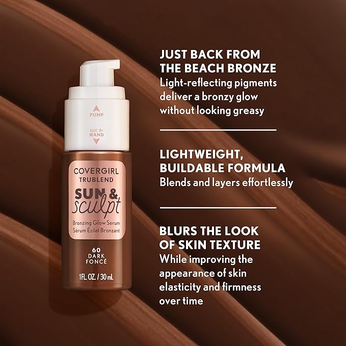 COVERGIRL TruBlend Sun & Sculpt Bronzing Glow Serum, Buildable, Radiant Glow, Wand and Pump Applicator - 10 Very Light