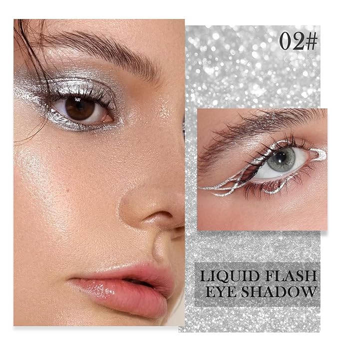 Liquid Glitter Eyeshadow Eyeliner, High Pigment Metallic Shimmer Eyeshadow Liner, Quick Drying Sparkle Eye Shadow, Lightweight Long-Lasting Shiny Eyes Liner Highlighter Makeup, 02# Star Silver