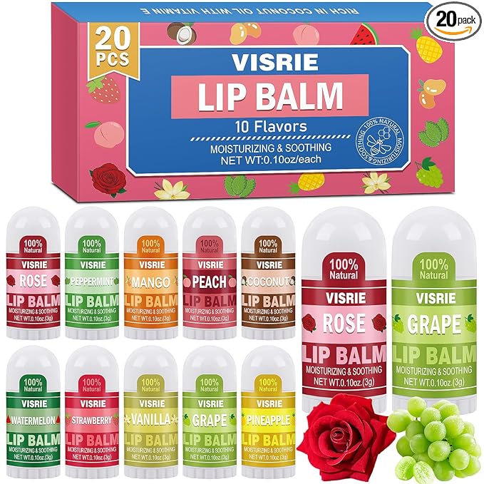 VISRIE 20 Pack Mini Lip Balm Bulk, Natural Lip Balm with Vitamin E & Beeswax, Moisturizing Lip Care for Dry Lips, Perfect for Party Favors, Care Packages & Small Gifts