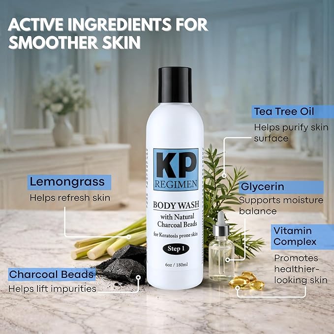 Keratosis Pilaris Exfoliating Face & Body Cleanser Wash with Natural Charcoal Beads Plus Essential Oils, Exfoliate Back & Butt skin bumps, Get Rid of Rough Skin & Red Bumps 6 oz