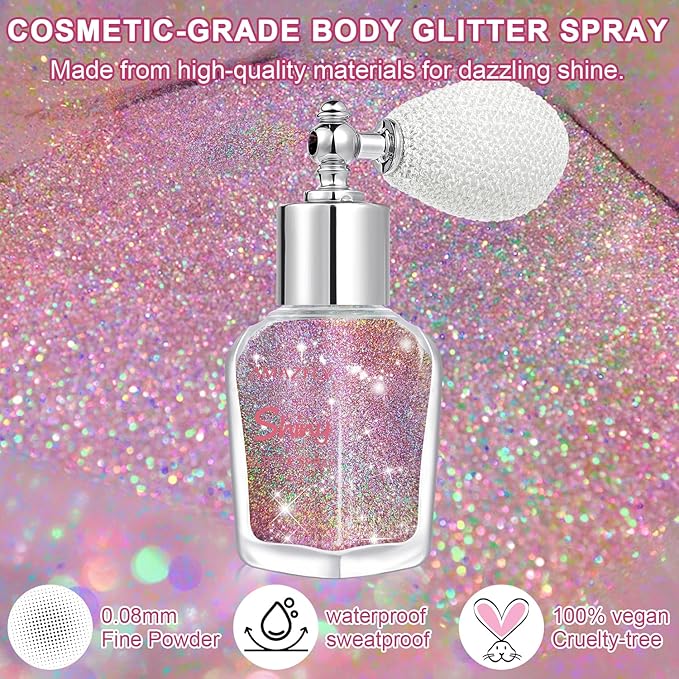 Hair and Body Glitter Spray, Shimmering Powder Sparkle Powder Makeup, Glitter Loose Sparkle Makeup for Body Highlighter,Festival Prom Rave Accessories (Metallic Beauty Beam)
