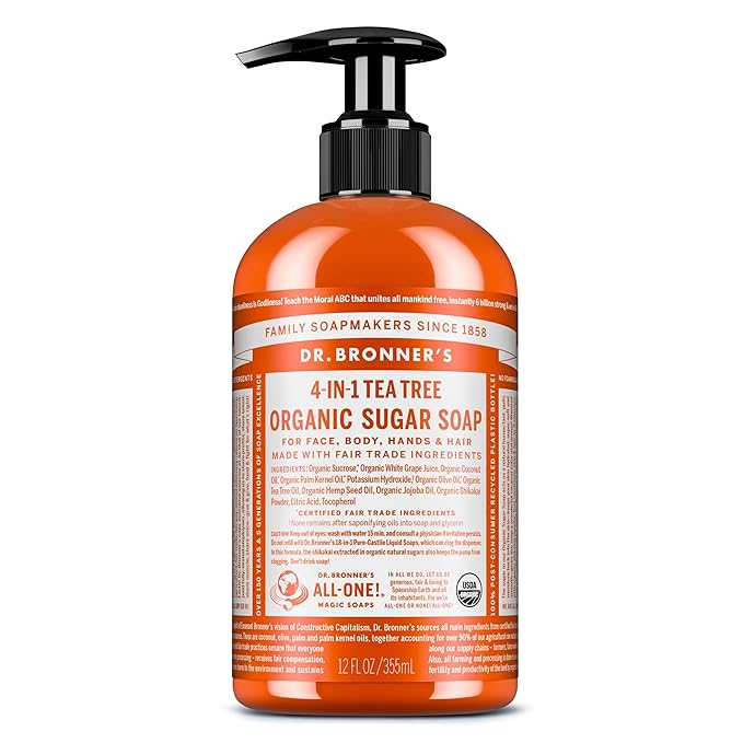 Dr. Bronner's Organic Sugar Soap (Tea Tree, 12 Ounce) - Made with Regenerative Certified Organic Oils, Sugar & Shikakai Powder, 4-in-1 Use: Hands, Body, Face and Hair- Liquid Soap, Nourishes