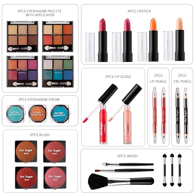 Hot Sugar All In One Makeup Set for Teenager Girls, Full Makeup Kit for Beginners Includes Eye Shadow Palette Blush Lip Gloss Lipstick Lip Pencil Eye Pencil Brush Mirror (Pink Heart)