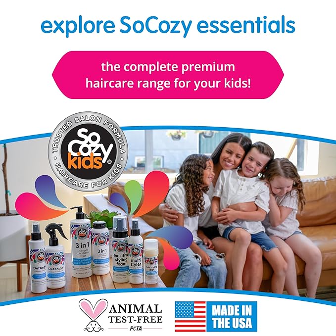 SoCozy 3 in 1 Kids Shampoo + Conditioner + Body Wash (16 Fl Oz) Gentle, Hydrating Hair & Body Cleanser with Keratin, Vitamin B5, & Kiwi Extract, Paraben & Sulfate-Free