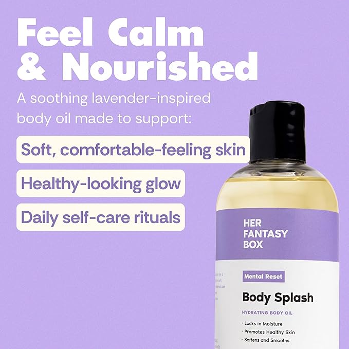 Her Fantasy Box | Body Splash Mental Reset Fragrance Oil – Lavender, Chamomile & Warm Vanilla Scent with Soft Amber & Musk, Lightweight Hydrating Body Oil, Vegan & Cruelty Free