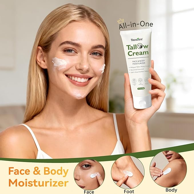 Beef Tallow for Skin, 100% Grass-Fed Whipped Tallow Balm Tube Organic Moisturizer for Face & Body Deep Hydration for Dry & Sensitive Skin Natural Tallow Cream