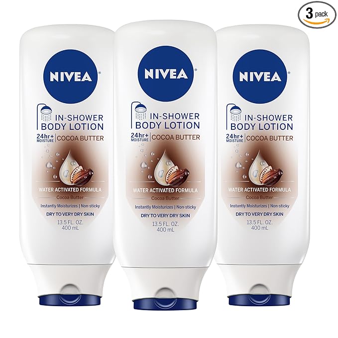 NIVEA Cocoa Butter In Shower Lotion, Water Activated In Shower Moisturizer for Dry Skin to Very Dry Skin, 13.5 FL OZ, Pack of 3