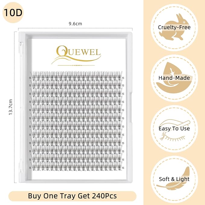QUEWEL Cluster Lashes 240Pcs Individual Lashes 10D 0.10C Curl 15mm Knot-Free Lash Extensions Clusters Lash Soft&Natural False Eyelashes Individual DIY Eyelash Extension at Home(10D 0.10C 15)
