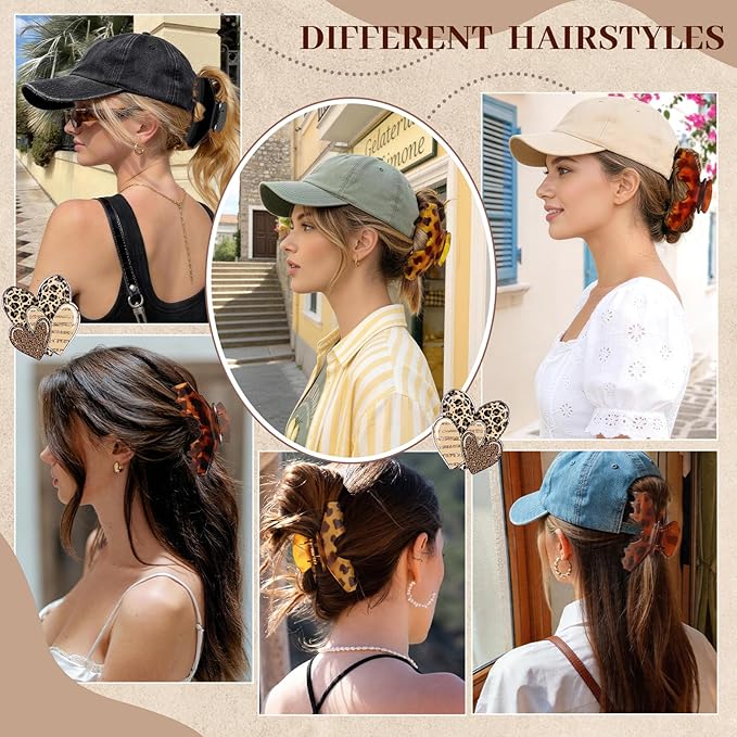 4 PCS Hat Claw Clip for Women - Hat-Friendly Claw Clip for Baseball Caps, Adjustable Trucker Hat Hair Clips for Thick Thin Hair, Large Hat Claw Clips for Gym Beach Holiday Outing, Tortoise Shell