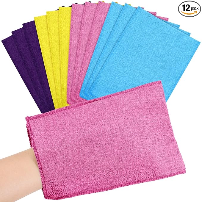 Tatuo 12 Pieces Korean Exfoliating Mitt Glove Italy Towel Body Skin Scrubber Exfoliating Scrubber for Remove Dead Skin Washcloth Korean(Large,Purple, Yellow, Pink, Blue)