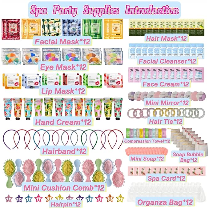 204PCS Spa Party Supplies for Women, Spa Party Favors Include Facial Masks,Under Eye Patches, Lip Balm, Hair Rings, Makeup Mirrors, Hand Cream, Mini Hair Brush for Women, Sleepover Party Women