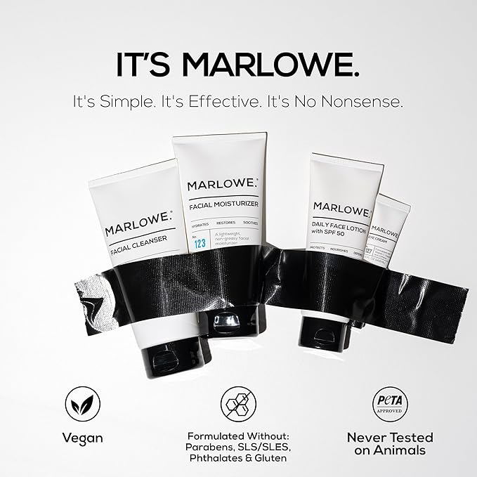 MARLOWE. Men's Skin Care Set, Daily Essential Face Kit, Purifying Facial Cleanser, Hydrating Facial Moisturizer, Revitalizing Eye Cream & Daily Face Lotion with SPF 50, Great Gift for Men, Vegan