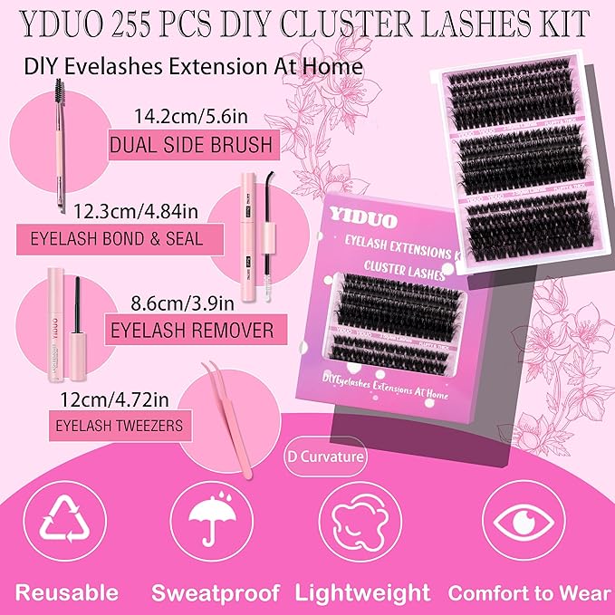 YIDUO Volume Lash Clusters Kit 255Pcs Wispy Individuals Eyelash Extension Kit 3 Styles Thick Clusters Lashes Extensions Kit with Bond and Seal |Tweezers |Removers |Eyelash & Eyebrow Brush