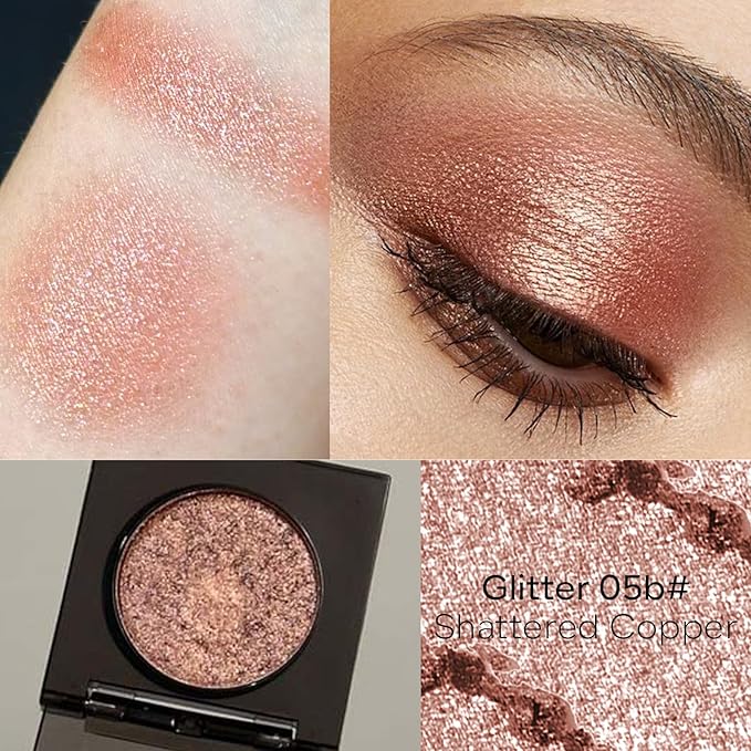KYDA Glitter Eyeshadow Single, Sparkling Pinky Golden Brown Eyeshadow, Lasting Shimmer Pearl Eyes Shadow, Soft Blendable Formula, High Pigment Eyes Glitter Makeup, Wet Look Effect, Shattered Copper