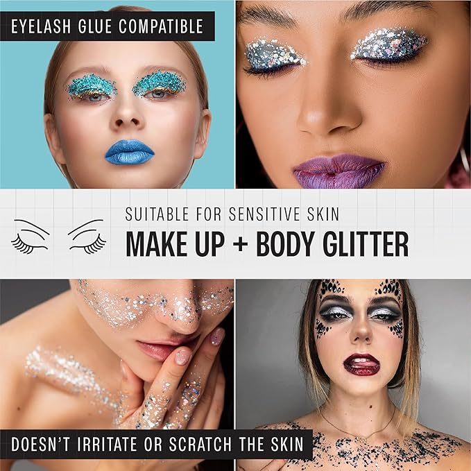 Body Glitter Set for Face & Hair – 16 Colors Chunky Holographic Festival Glitter Makeup with Glue – Rave, Concert, Euphoria Looks, Cosmetic Grade Glitter