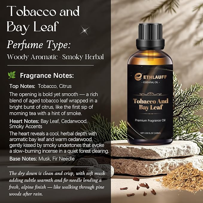 Tobacco & Bay Leaf Fragrance Oil 3.38FL.OZ - Tobacco Scented Oil for Candle Scents for Candle Making, Soap Making Scents, Diffuser Oils Scents