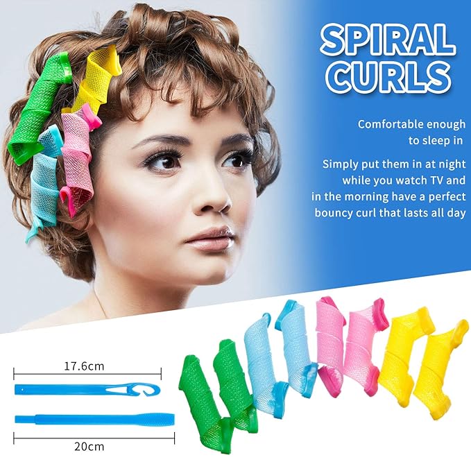 WILLBOND 28 Pieces Heatless Curlers No Heat Spiral Curls Hair Curlers Styling Kit with 2 Pieces Styling Hooks for Most Kinds of Hairstyles (Assorted Color, 15 cm)
