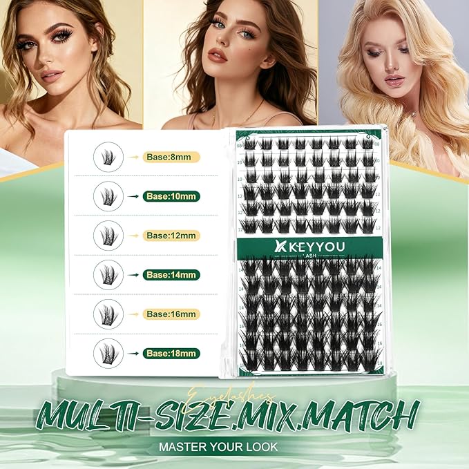 Lash Clusters 96pcs Individual Lashes Y22 D Curl 8-18MIX Eyelash Clusters KEYYOU Volume Wispy Lash Extension Soft&Comfortable Easy DIY at Home(Y22,D-8-18MIX)