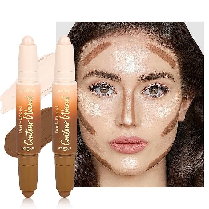 2Pcs Contour Highlighter Stick，2-in-1 Dual-Ended Cream Bronzer & Highlighter Sticks Pen for Face Body Contouring Makeup- Buildable，Waterproof, Easy to Apply Suitable for Beginners(01+01)