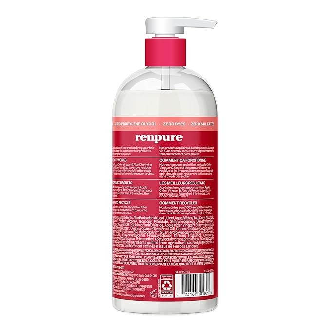 RENPURE Apple Cider Vinegar & Aloe Conditioner, Plant-Based – Clarifies, Removes Residue and Nourishes for Shiny, Healthy Hair – For Dull Hair - Apple Cider Vinegar, Aloe Leaf Juice – 24 Fl Oz