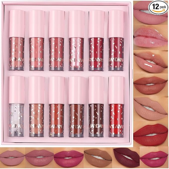 BAISEN DIARY 12 Colors Book Style Velvet Matte Liquid Lipstick Christmas Gift Set Long-Lasting Non-Stick Cup Not Fade Shimmer Nude Lip Gloss Thanks For the Love Lip Set (Set C)
