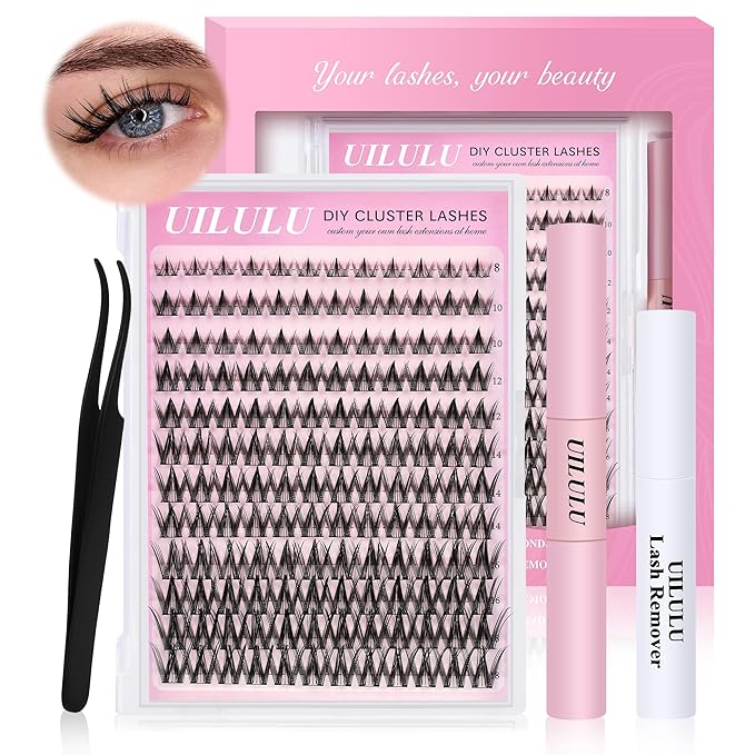 Uilulu Lash Cluster Kit 10-18mm Wispy Lash Clusters C Curl Eyelash Clusters, DIY Lash Extension Kit with Lash Bond & Seal, Lash Glue Remover, Lash Tweezers(U12 Lash Kit)