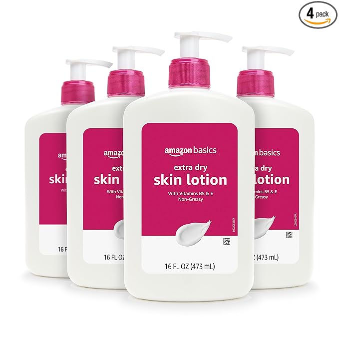 Amazon Basics Non-Greasy Body Moisturizer Lotion for Extra-Dry Skin with Vitamins B5 & E, Clean Scent, 16 fl oz, 4-Pack (Previously Solimo)
