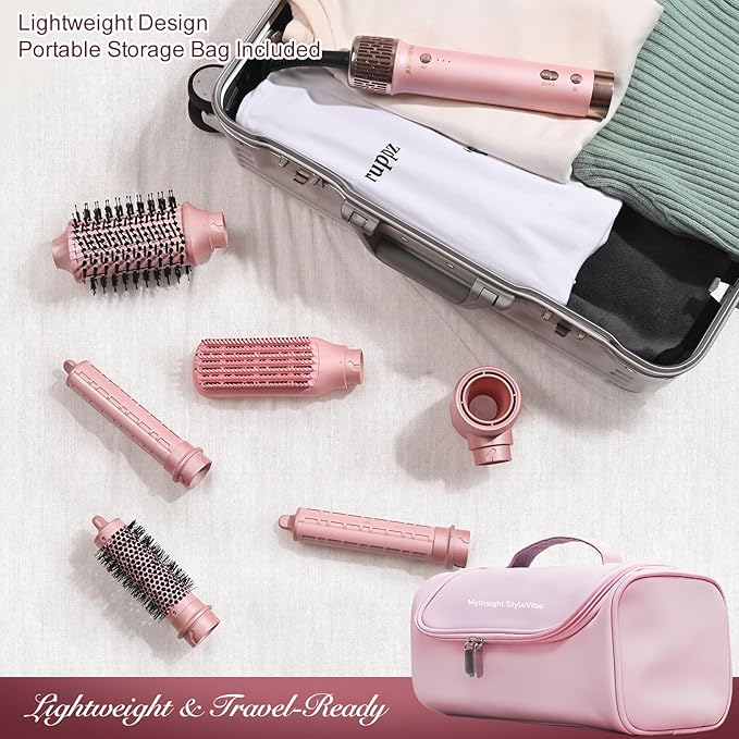 StyleVibe 6-in-1 Air Styler, Dual Voltage Hair Dryer & Blow Dryer Brush with Travel Case - Auto Wrap Curls (L/R), Fast Drying, Thermal Brush for Blowouts & Frizz-Free Volume, No Heat Damage