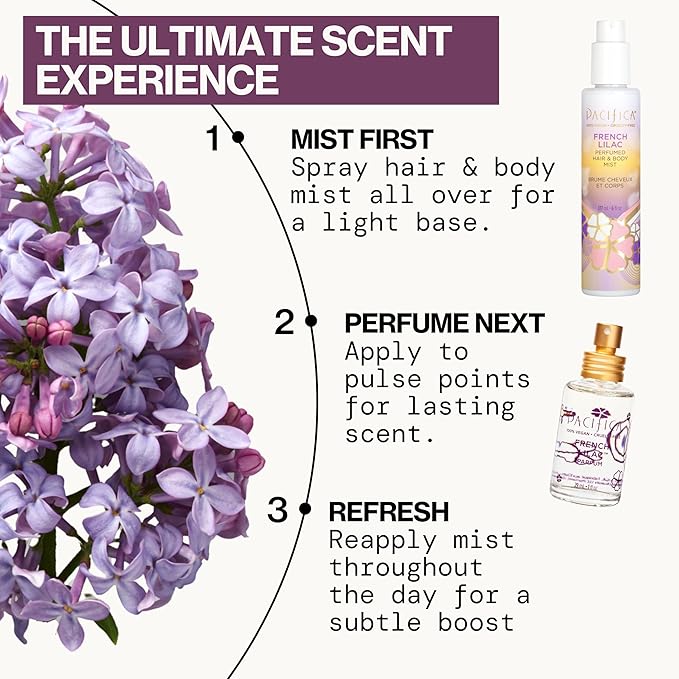 Pacifica French Lilac Hair & Body Mist – Clean Vegan Floral Hair Perfume Spray for Women, Fresh-Cut Lilac, Magnolia & Heliotrope Notes, Alcohol-Free Head-to-Toe Fragrance, Cruelty-Free, 6 Fl Oz