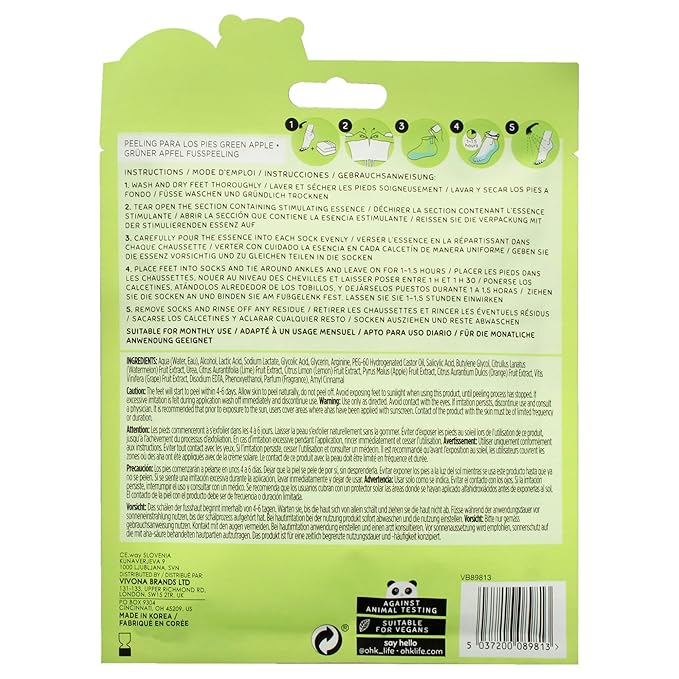 Oh K! Foot Peel Mask - Green Apple - Foot Peeling Mask for Dry Feet and Cracked Heels - Feet Exfoliant with Hydrating Apple Fruit Extract - 1 Pair
