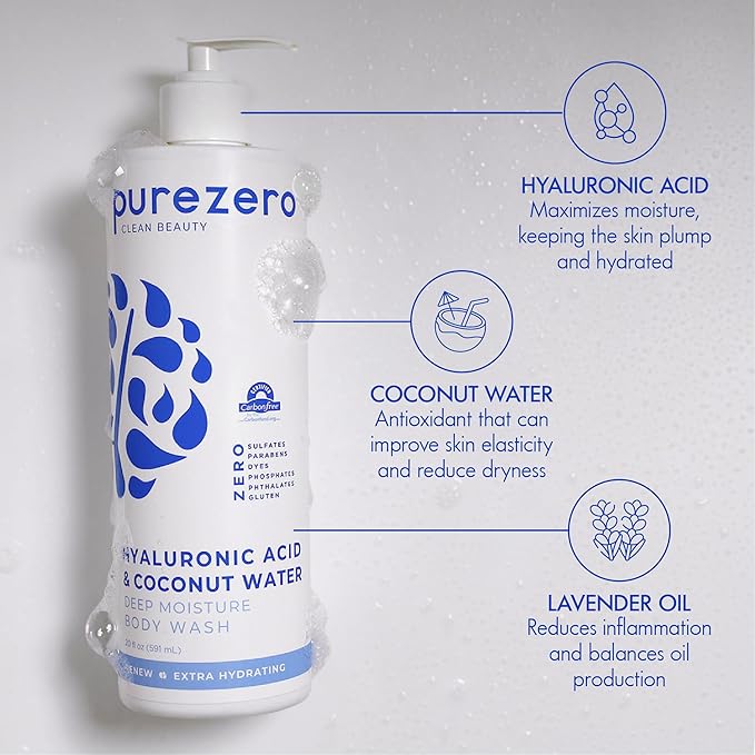 Purezero Hyaluronic Body Wash Deep Moisturizer - Soft Skin Hydration - Moisturizing Skin Cleanser + Coconut Water - No Sulfates, Parabens, Dyes (2 Pack)