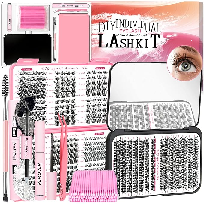 QUKLOGEN DIY Wispy Lash Extension Kit 580Pcs D Curl 6 styles Fox Eye Lashes Clusters Eyelash Extension with Lash Bond and Seal,Quick Glue Remover Tweezers Eyelash Brush Mini Applicator