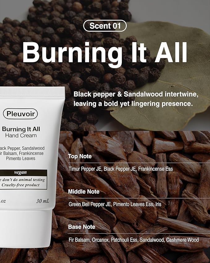 Pleuvoir Hand Cream Burning It All - Black Pepper Sandalwood Scent - Lightweight, Non-Sticky Moisturizing with Shea Butter, Hyaluronic Acid and Jojoba Oil - Vegan Korean K-Beauty, 1oz