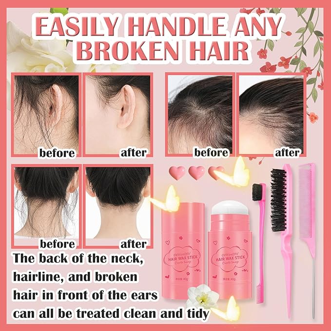 Hair Wax Stick & Hair Styling Combs Set 4 Pcs,Moisturizing Non-Greasy Hair Styling Wax Stick for Edge Control on Wigs And Hair,Lightweight Hair Slick Balm Stick for Flyaways Edge Frizz Hair